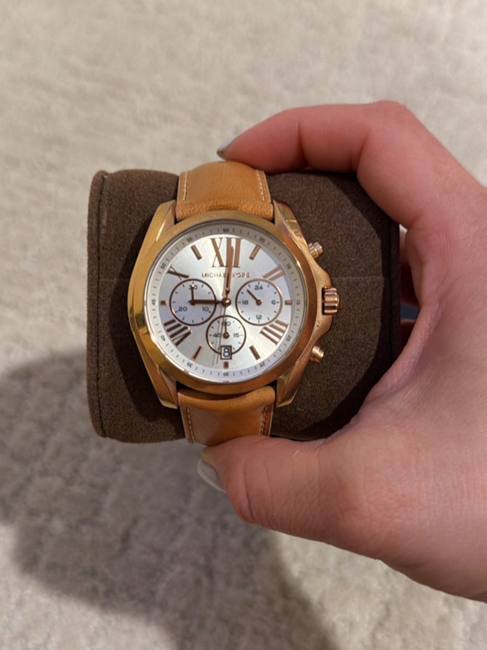 Michael Kors Gold-Tone Chronograph Watch with Tan Strap